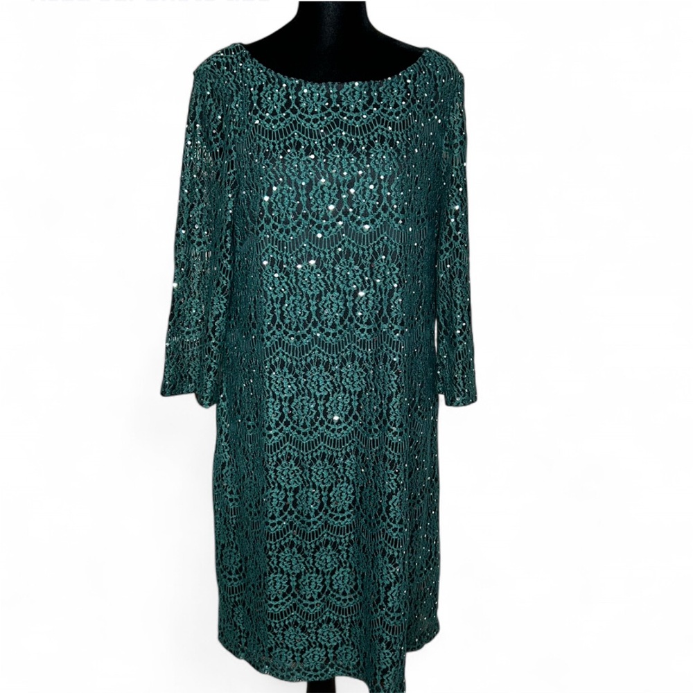 JH EVENINGS Green Sequin Lace Midi Dress 16, Long SleevesRound Neck NWT